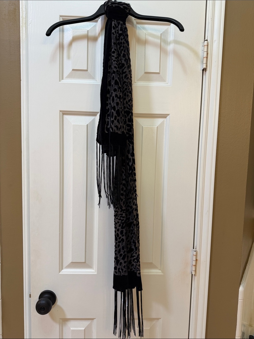 The Accessory Collective Black and Gray Leopard Fringe Scarf